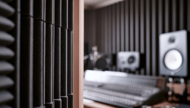 Dark acoustic foam panels in a recording studio control room
