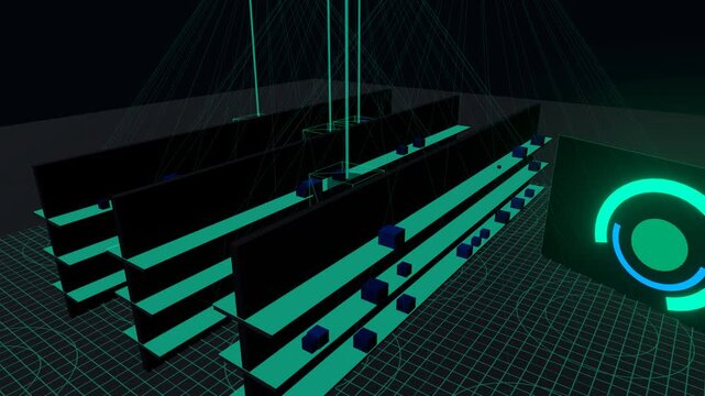 Smart Store Hyperframe: A futuristic 3D digital animation depicting a high-tech retail environment with glowing cyan shelves, data grid lines, and holographic HUD elements against a dark background