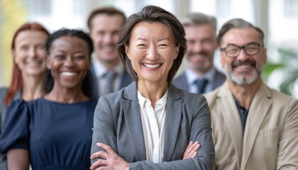 Obraz premium Diverse group of six smiling business professionals standing together in an office