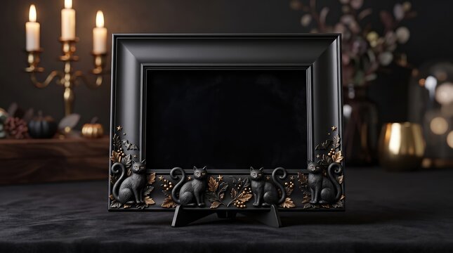 Black Picture Frame with Water Splash on Dark Wooden Surface
