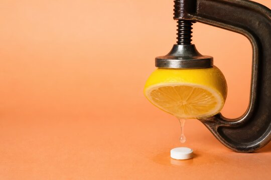 Lemon squeezed in clamp above a tablet on orange background