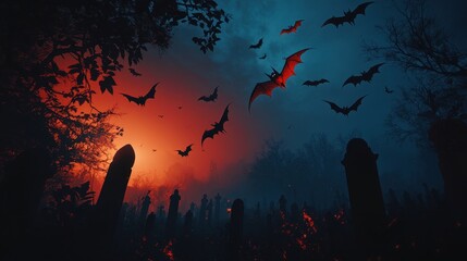 Obraz premium Dark and Spooky Bat Scene with Graveyard at Sunset