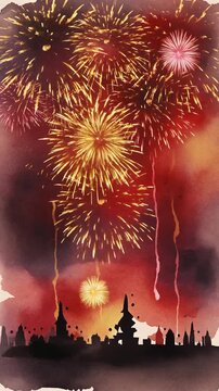 Watercolor Fireworks Over City Silhouette Generative AI