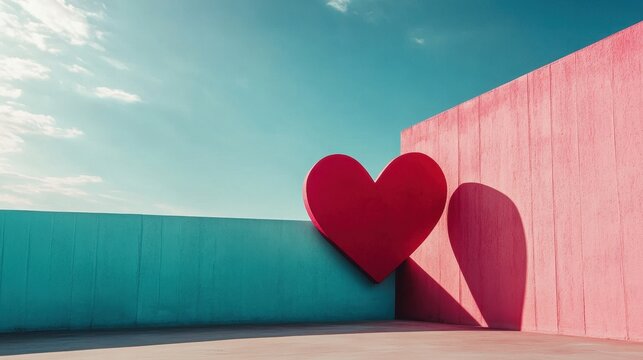 Vibrant Heart Sculpture Against Colorful Wall and Clear Sky
