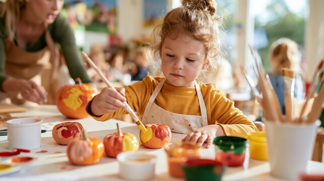 Child paints pumpkins in classroom with teacher support during seasonal art activity Generative AI