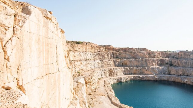 Large abandoned stone quarry with layered rock walls and a deep blue lake