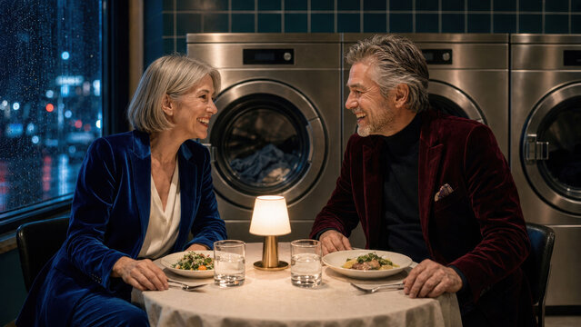 Elegant Mature Couple Enjoying Dinner in a Laundromat at Night
