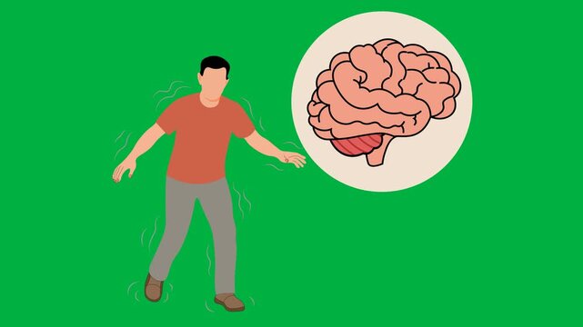 Medical vector illustration, animation showing a person with impaired balance and uncoordinated movement, with brain anatomy highlighted, representing Ataxia and related neurological green screen