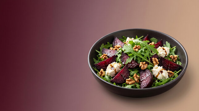 Healthy roasted beetroot salad with goat cheese and walnuts served in a bowl