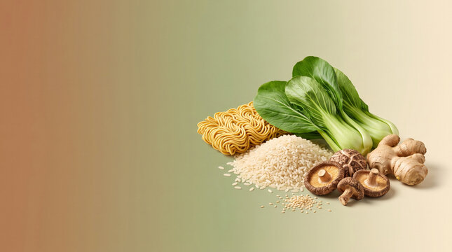 Assortment of Asian pantry staples including rice, noodles, and vegetables