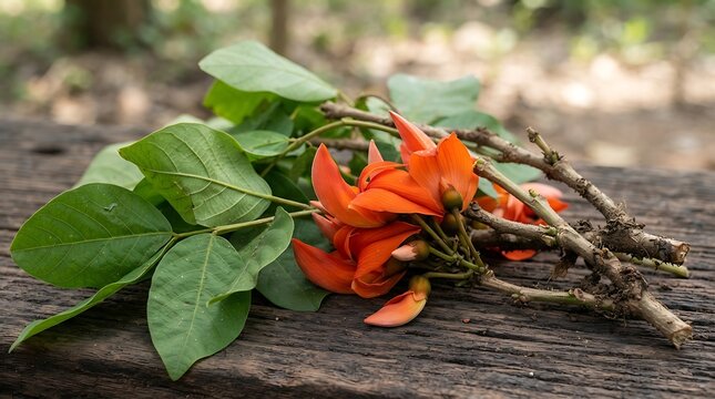 Freshly cut orange flame-butea superba flowers and green leaves lying on an old rustic dark wooden surface in natural light.