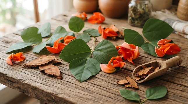 Flame-butea superba flowers with green leaves and herbal bark on a rustic wooden table, representing traditional natural medicine.