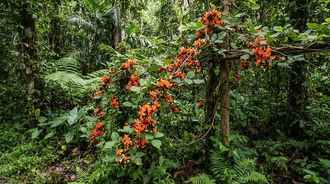 Vibrant orange flowers of a climbing flame-butea superba vine blooming beautifully over a rustic wooden structure in a lush tropical rainforest.