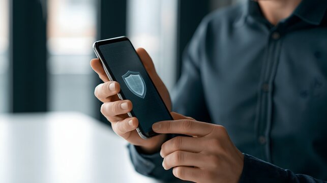 secure mobile banking concept, user verifying identity through a smartphone with digital shield interface, subtle financial technology graphics, dark modern environment, realistic fintech