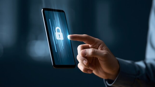 smartphone privacy protection concept, close up hand interacting with a secure mobile device, holographic lock icon and encrypted data streams, clean dark technology background, realistic cyber