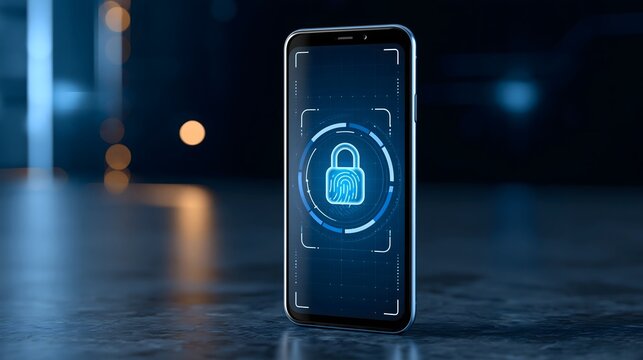 digital identity authentication concept, smartphone displaying biometric security interface with fingerprint verification and glowing lock symbol, futuristic dark environment, realistic technology