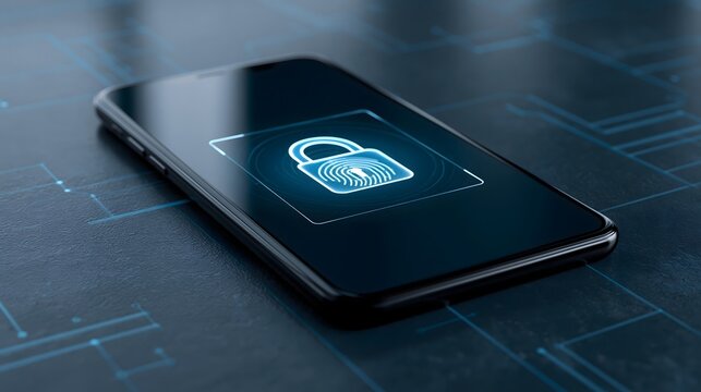 digital identity authentication concept, smartphone displaying biometric security interface with fingerprint verification and glowing lock symbol, futuristic dark environment, realistic technology