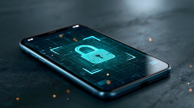 digital identity authentication concept, smartphone displaying biometric security interface with fingerprint verification and glowing lock symbol, futuristic dark environment, realistic technology