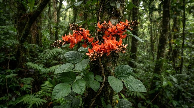 Beautiful bright orange flame-butea superba flowers climbing a mossy tree trunk amidst lush green foliage in a tropical rainforest.