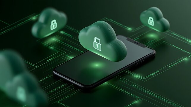 cloud data protection concept, smartphone connected to secure cloud systems with encrypted digital pathways, glowing lock icons, dark background with green light accents, realistic cyber technology