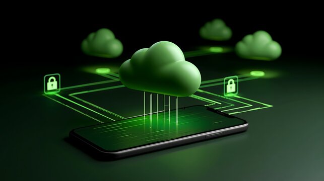 cloud data protection concept, smartphone connected to secure cloud systems with encrypted digital pathways, glowing lock icons, dark background with green light accents, realistic cyber technology