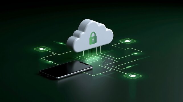 cloud data protection concept, smartphone connected to secure cloud systems with encrypted digital pathways, glowing lock icons, dark background with green light accents, realistic cyber technology