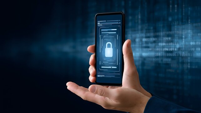 cybersecurity awareness concept, hand holding a smartphone protected by multiple layers of digital security interfaces, abstract code flowing in the background, dark technology scene, realistic