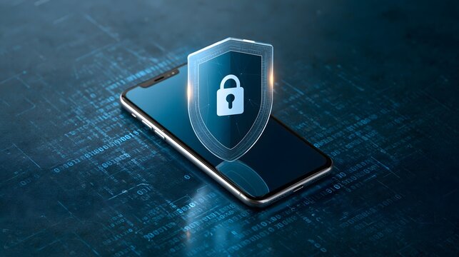 mobile cyber security concept, smartphone protected by transparent digital shield, abstract code and secure network visualization surrounding the device, realistic commercial photography,