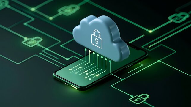 cloud data protection concept, smartphone connected to secure cloud systems with encrypted digital pathways, glowing lock icons, dark background with green light accents, realistic cyber technology