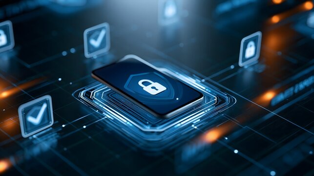 zero trust security concept, mobile device surrounded by secure access layers, digital verification icons and encrypted data streams, modern cyber technology environment, realistic visualization,