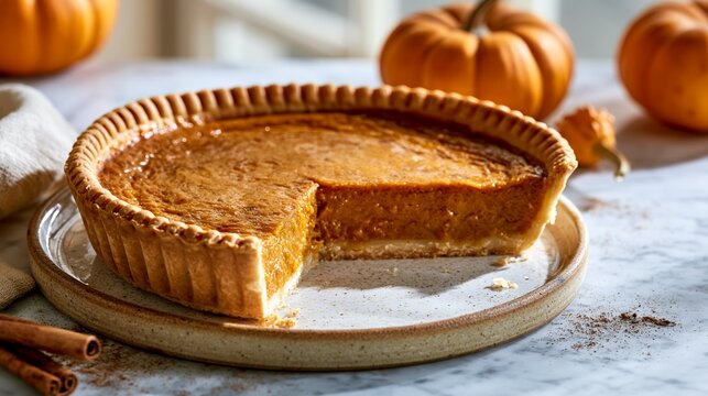 Pumpkin pie on a ceramic plate with a slice removed and small pumpkins on a marble surface Generative AI
