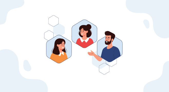Diverse team collaborating in virtual hexagonal spaces, connected by digital network.