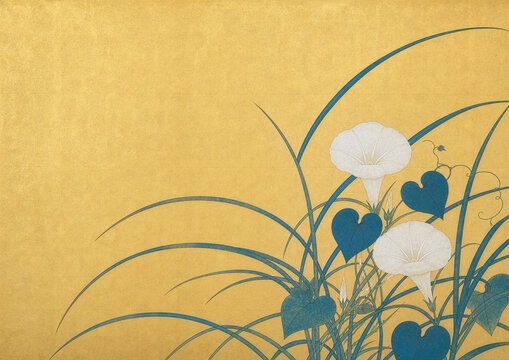 金箔背景に咲く白い朝顔と細葉の琳派風豪華和風背景イラスト