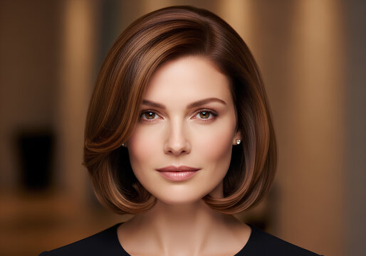 Portrait of an elegant woman with a stylish brown bob hairstyle
