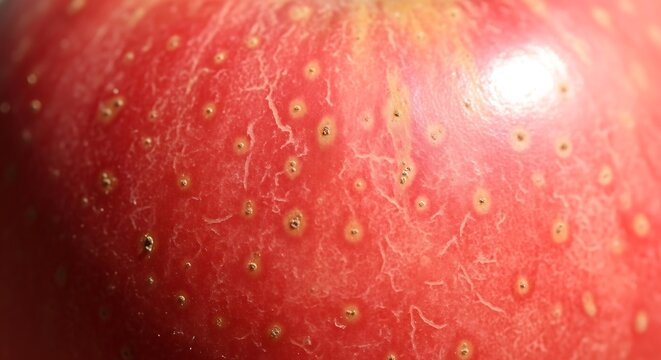 Macro close-up of fresh red apple skin texture with small spots, nutrition