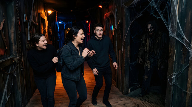 Terrified young man and laughing friends reacting to a scary monster in a spooky haunted house attraction