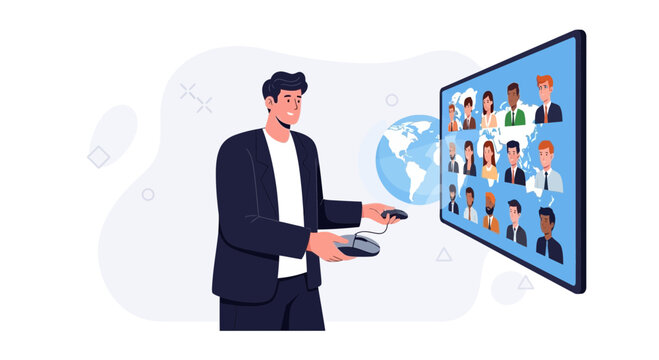 Man controlling a global video conference with diverse participants displayed on a screen, symbolizing teamwork and international communication.