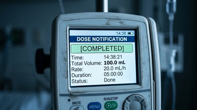 A completed dose notification displayed on an infusion pump screen