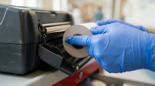 Nurse checking a defibrillator printer paper roll before restocking a crash cart supply drawer