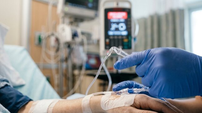 Nurse responding to an infusion pump occlusion alarm by checking the line for a kink
