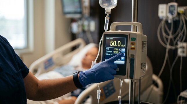Nurse checking an infusion pump display panel showing a medication flow rate at a bedside