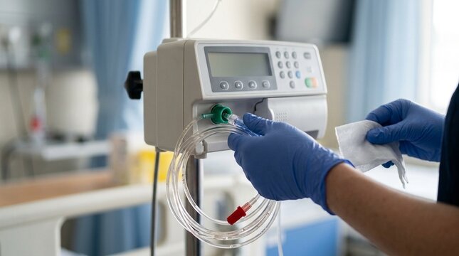 Nurse disconnecting an infusion pump after a medication course is complete and preparing it for cleaning