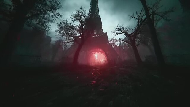 Paris, France, Europe. A moody, atmospheric portrayal of the Eiffel Tower in Paris, France. The eiffel tower stands majestically in the center of the image, surrounded by a dense forest of bare trees.