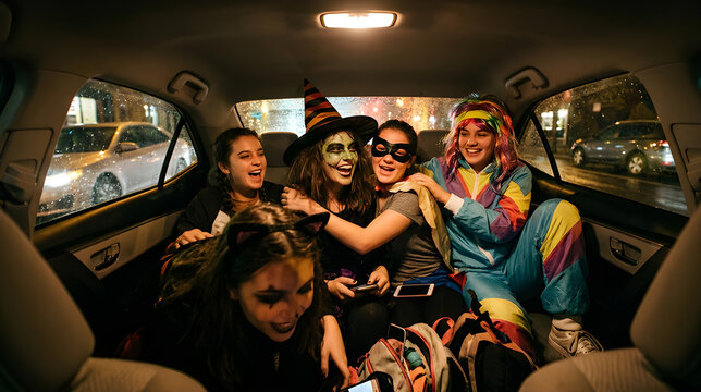 Group of excited teenage girls in colorful Halloween costumes laughing together in the backseat of a car