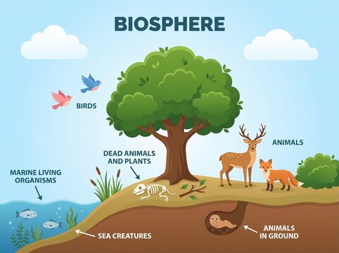 Biosphere diagram showing ecosystems and wildlife