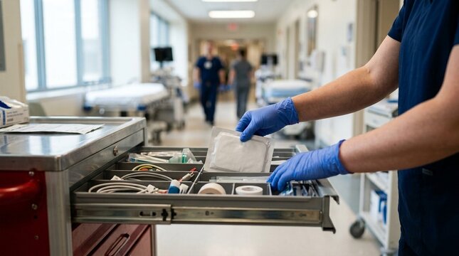 Nurse restocking defibrillator gel pads into a crash cart drawer after an inventory count