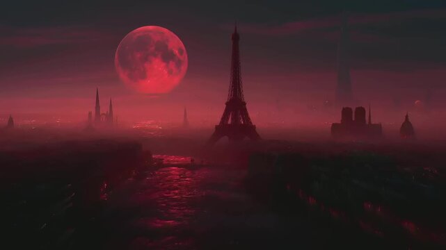 Paris, France, Europe. A vivid portrayal of a fantastical cityscape at twilight. The main subject is the Eiffel Tower, silhouetted against a radiant red moon.