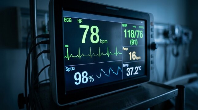 A patient monitor screen displaying a heart rate waveform and vital sign numbers