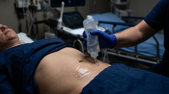 Sonographer applying ultrasound gel to a patient abdomen before beginning a diagnostic scan