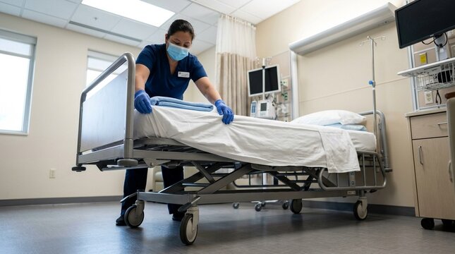 Housekeeping staff preparing a freshly cleaned hospital bed with new linens after a patient discharge